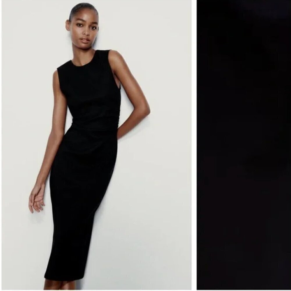 Zara Black Draped Side Fitted Midi Dress. Size M. NEW WITH TAG! - Picture 2 of 6
